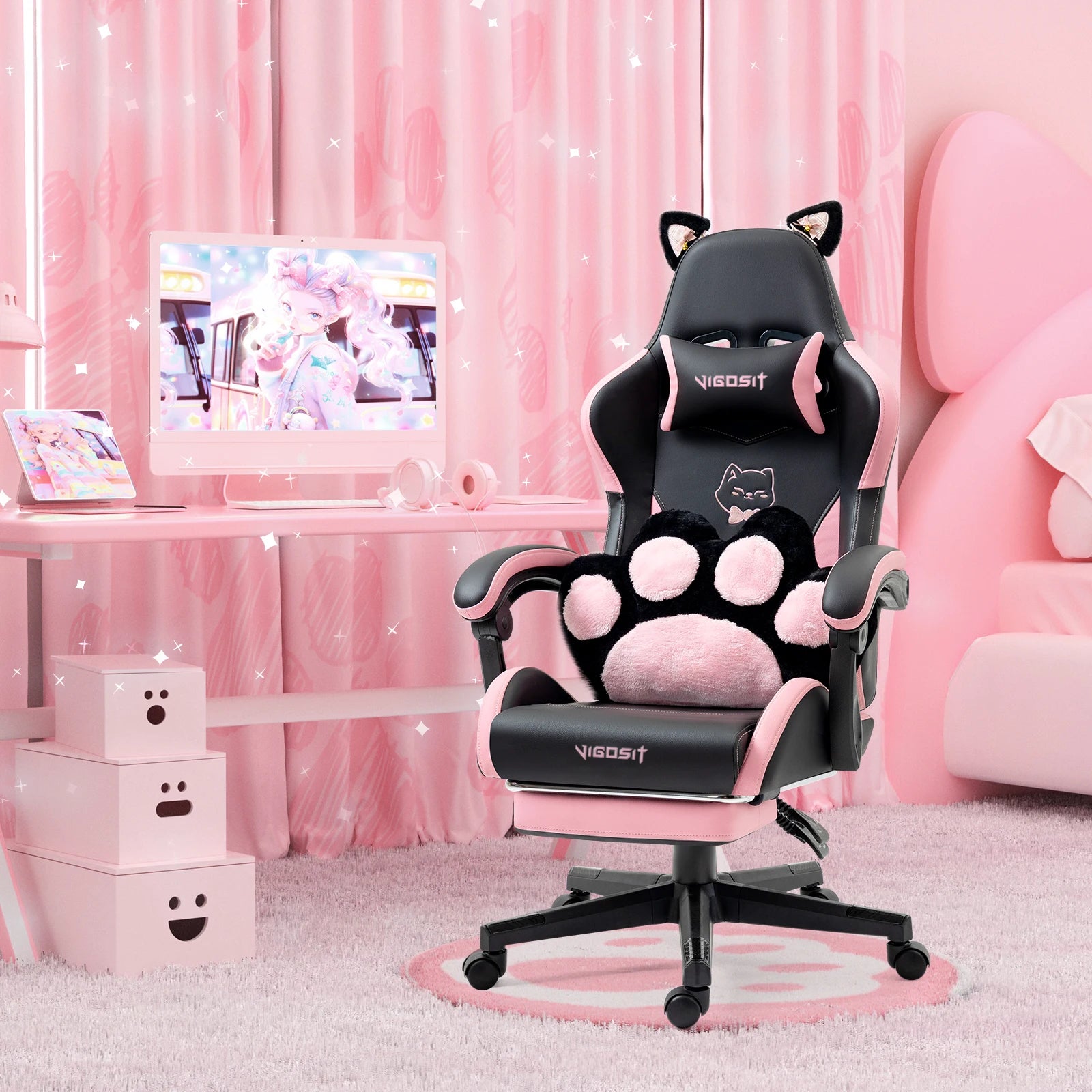 Gaming Chair Cute with Cat Ears and Massage Lumbar Support, Ergonomic Computer Chair for Girl with Footrest and Headrest, Comfortable Reclining Game Chair 290lbs for Adult, Teen