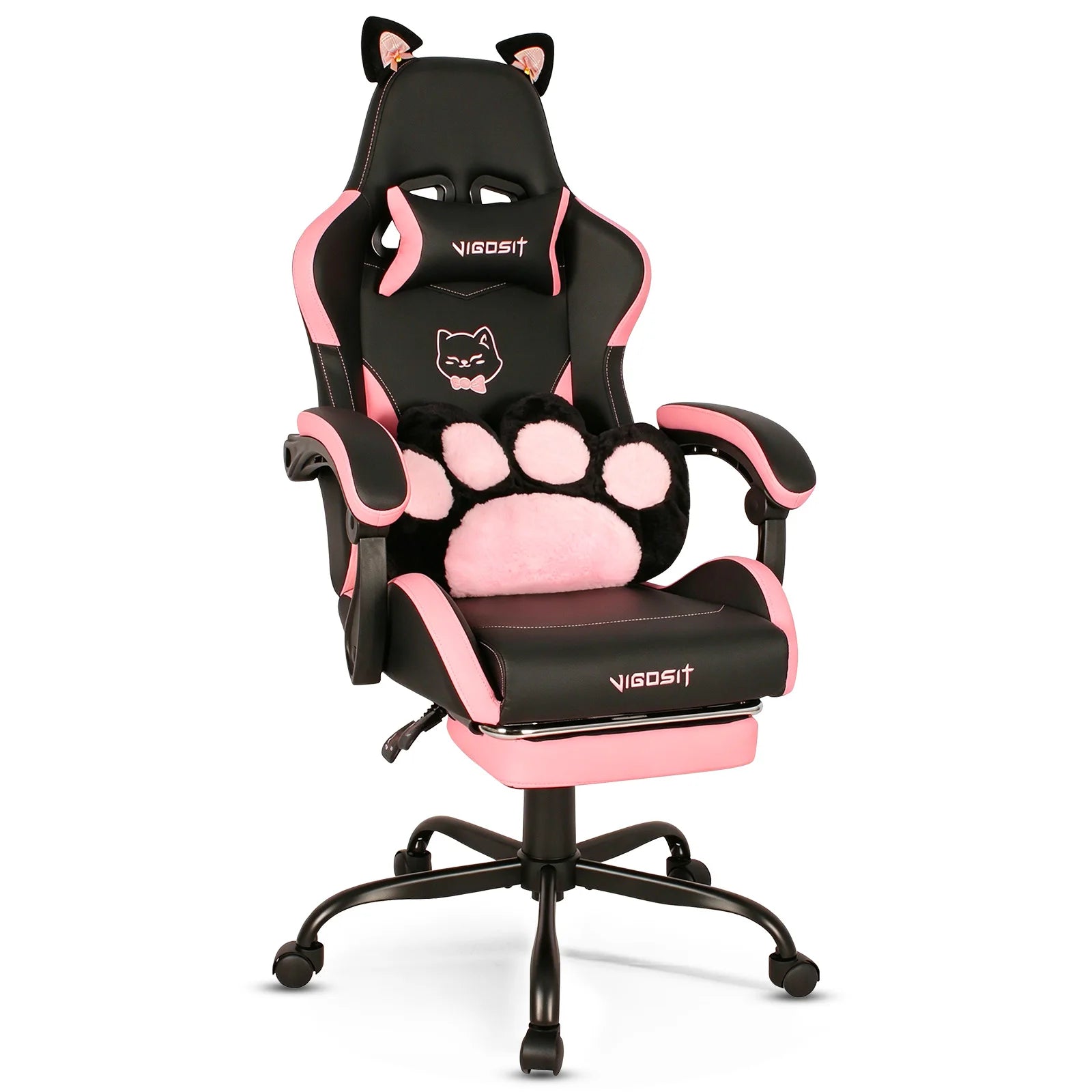 Gaming Chair Cute with Cat Ears and Massage Lumbar Support, Ergonomic Computer Chair for Girl with Footrest and Headrest, Comfortable Reclining Game Chair 290lbs for Adult, Teen