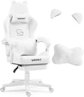 Gaming Chair Cute with Cat Ears and Massage Lumbar Support, Ergonomic Computer Chair for Girl with Footrest and Headrest, Comfortable Reclining Game Chair 290lbs for Adult, Teen