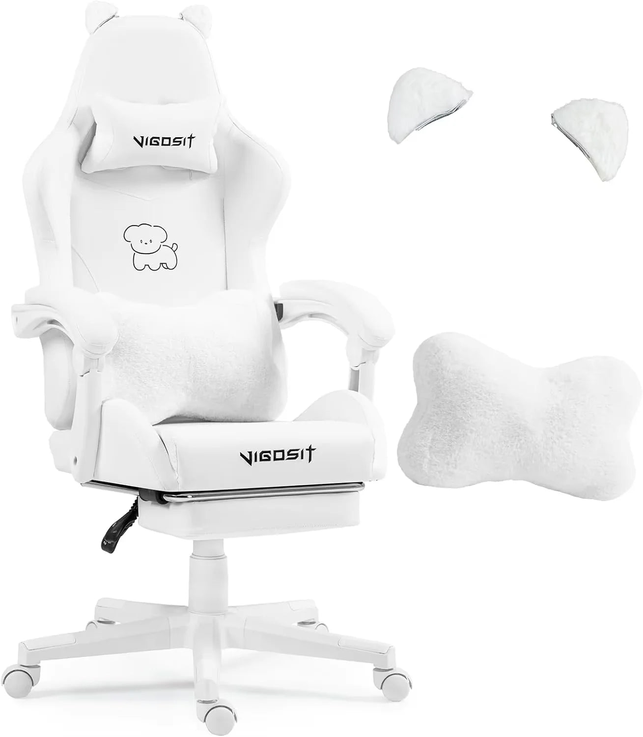 Gaming Chair Cute with Cat Ears and Massage Lumbar Support, Ergonomic Computer Chair for Girl with Footrest and Headrest, Comfortable Reclining Game Chair 290lbs for Adult, Teen