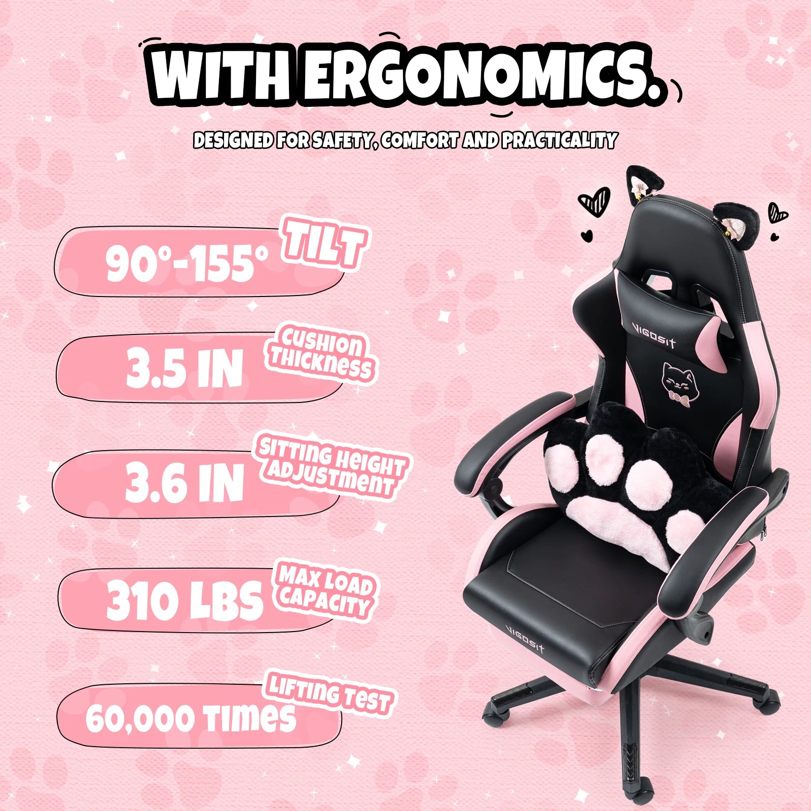 Gaming Chair Cute with Cat Ears and Massage Lumbar Support, Ergonomic Computer Chair for Girl with Footrest and Headrest, Comfortable Reclining Game Chair 290lbs for Adult, Teen