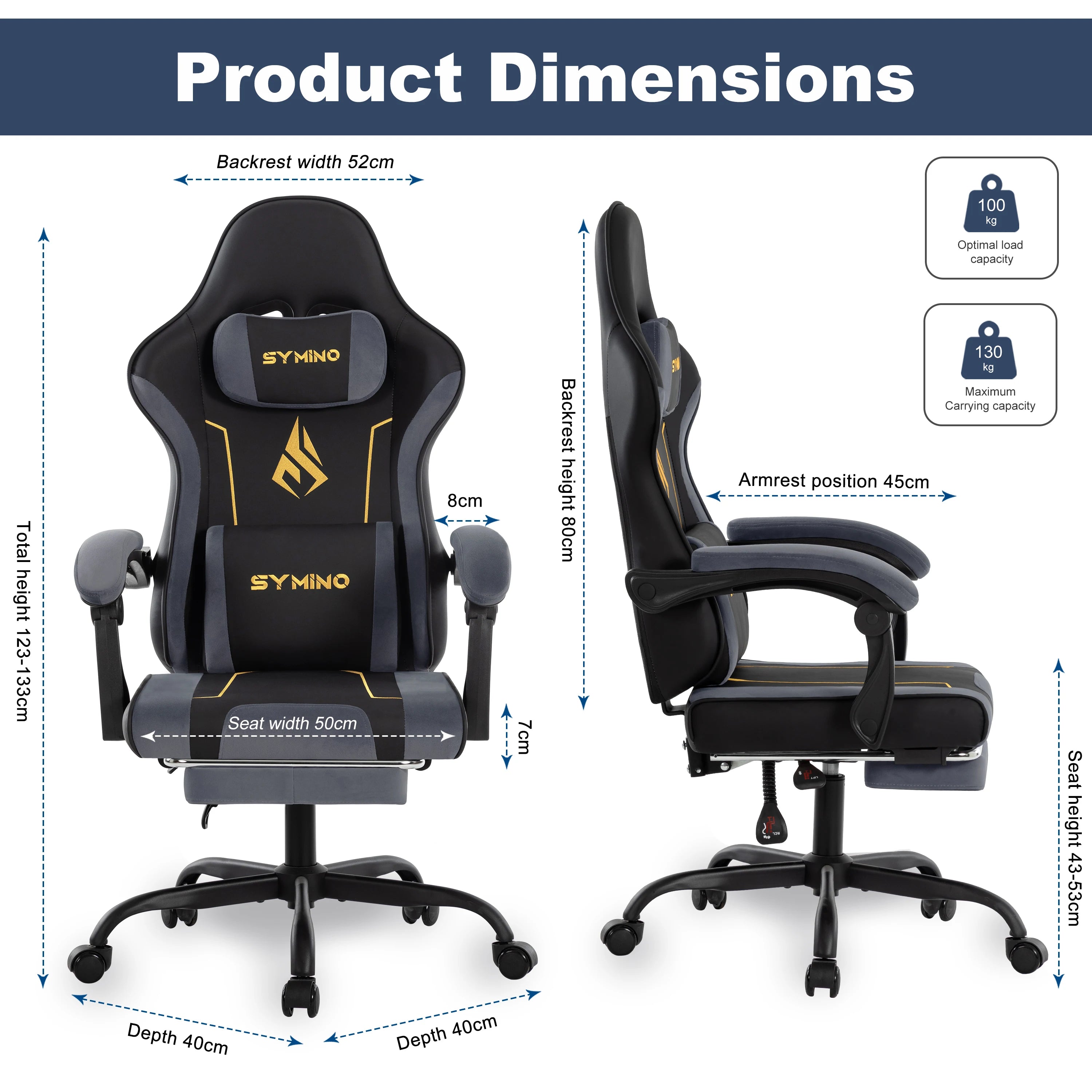 Chaise Gaming SYMINO – Ergonomique avec Repose-pieds, Coussin Latex, Capacité 130 kg