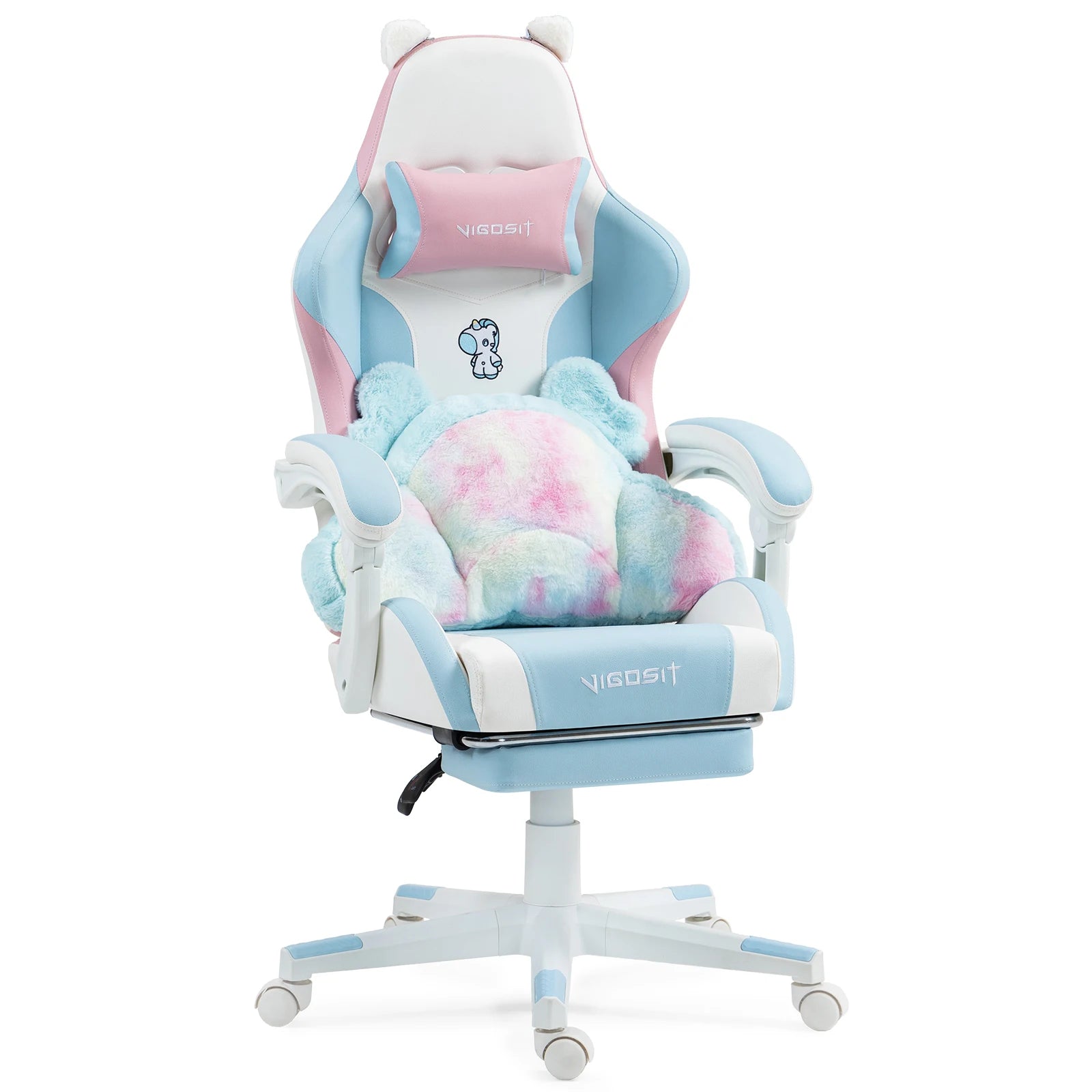 Gaming Chair Cute with Cat Ears and Massage Lumbar Support, Ergonomic Computer Chair for Girl with Footrest and Headrest, Comfortable Reclining Game Chair 290lbs for Adult, Teen