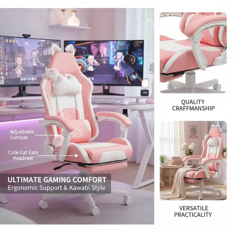 Gaming Chair Ergonomic Gamer Chair with Lumbar Support, Footrest, Gaming Chair with Cat Ears, Headrest, Height-Adjustable Office Chair with Adjustable Reclining Function Pink