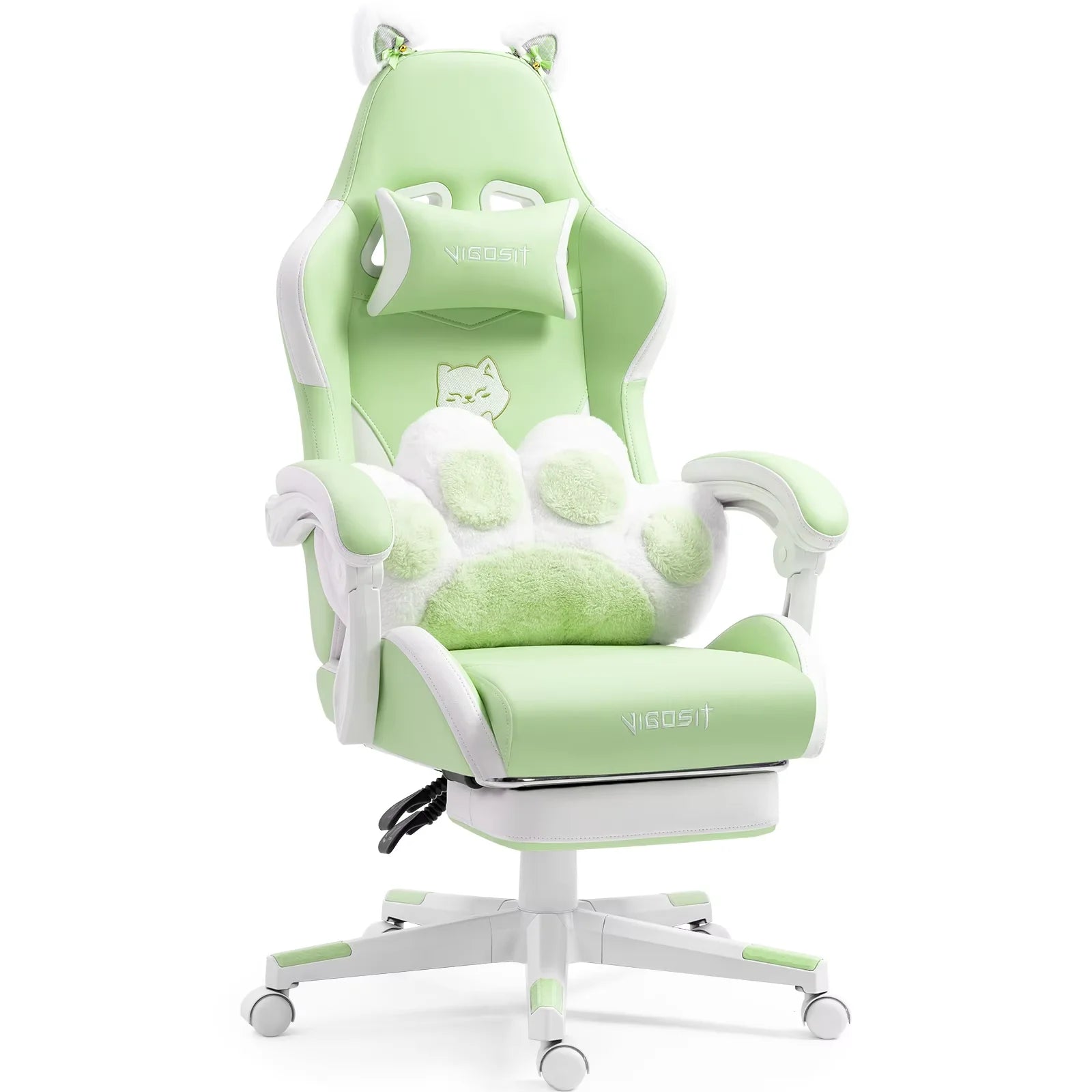 Gaming Chair Cute with Cat Ears and Massage Lumbar Support, Ergonomic Computer Chair for Girl with Footrest and Headrest, Comfortable Reclining Game Chair 290lbs for Adult, Teen