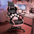 Gaming Chair Cute with Cat Ears and Massage Lumbar Support, Ergonomic Computer Chair for Girl with Footrest and Headrest, Comfortable Reclining Game Chair 290lbs for Adult, Teen