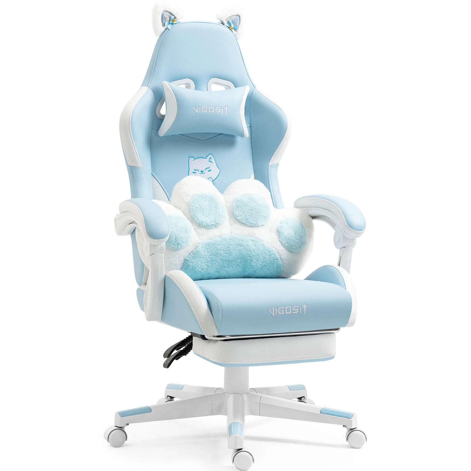 Gaming Chair Cute with Cat Ears and Massage Lumbar Support, Ergonomic Computer Chair for Girl with Footrest and Headrest, Comfortable Reclining Game Chair 290lbs for Adult, Teen