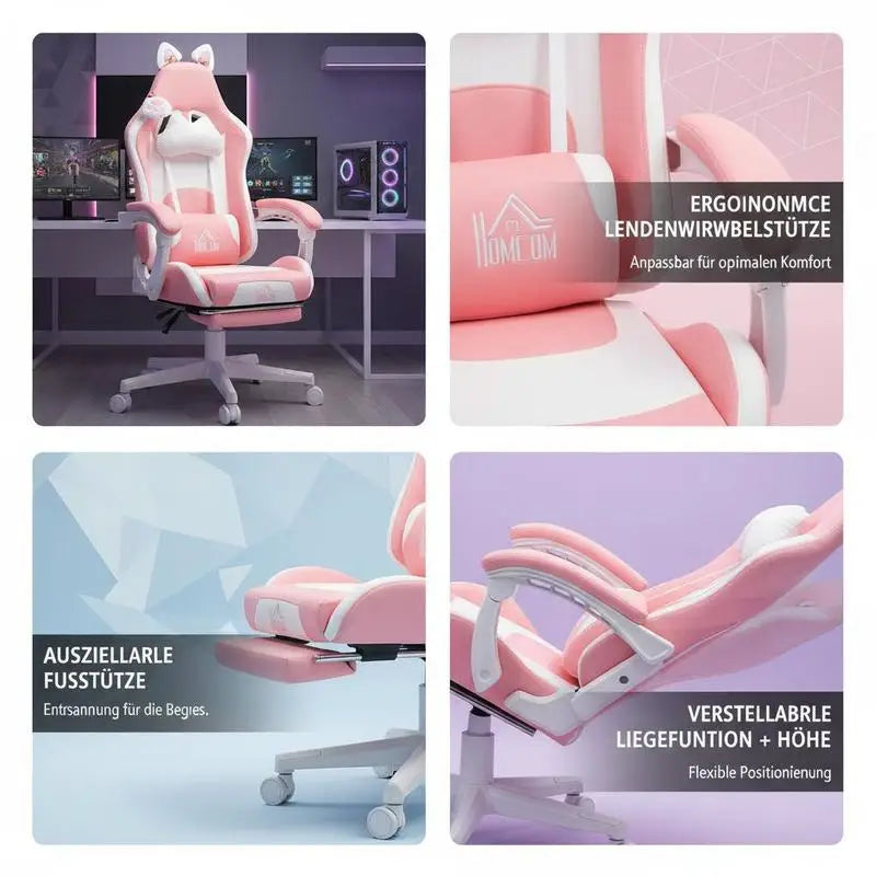 Gaming Chair Ergonomic Gamer Chair with Lumbar Support, Footrest, Gaming Chair with Cat Ears, Headrest, Height-Adjustable Office Chair with Adjustable Reclining Function Pink