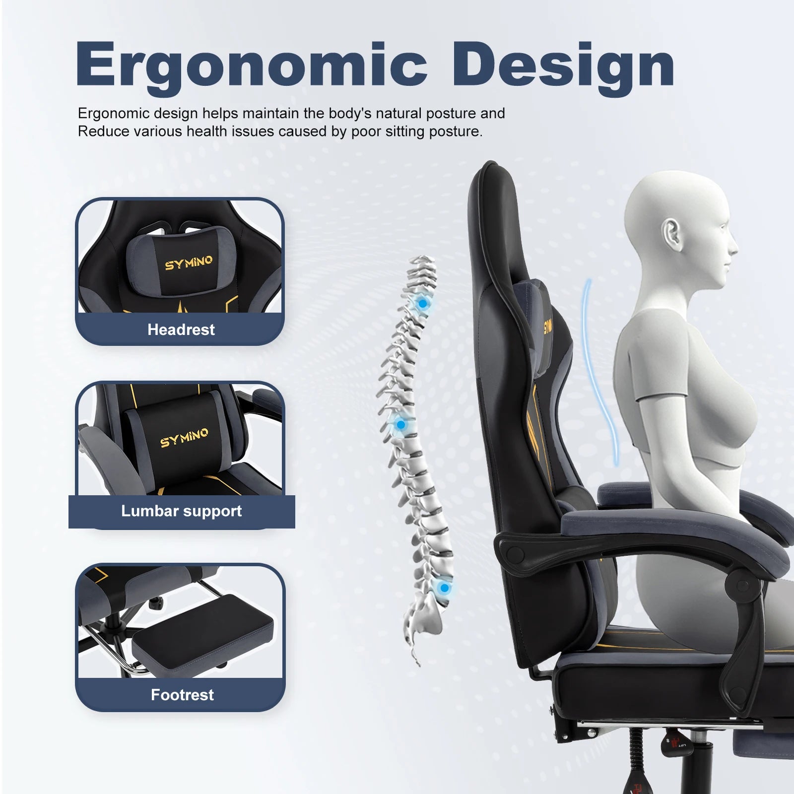 Chaise Gaming SYMINO – Ergonomique avec Repose-pieds, Coussin Latex, Capacité 130 kg
