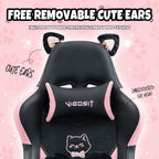 Gaming Chair Cute with Cat Ears and Massage Lumbar Support, Ergonomic Computer Chair for Girl with Footrest and Headrest, Comfortable Reclining Game Chair 290lbs for Adult, Teen