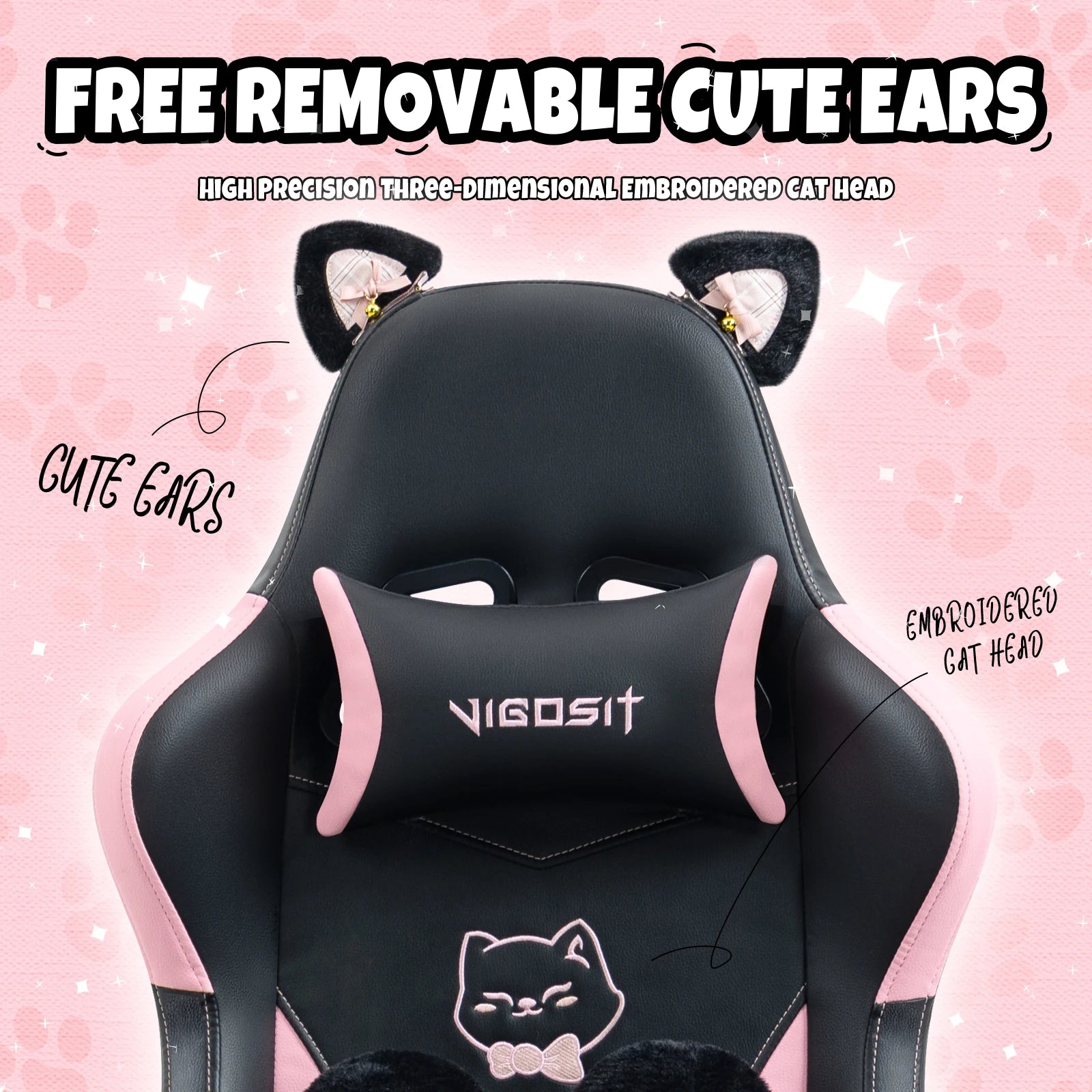 Gaming Chair Cute with Cat Ears and Massage Lumbar Support, Ergonomic Computer Chair for Girl with Footrest and Headrest, Comfortable Reclining Game Chair 290lbs for Adult, Teen