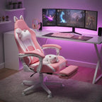 Gaming Chair Ergonomic Gamer Chair with Lumbar Support, Footrest, Gaming Chair with Cat Ears, Headrest, Height-Adjustable Office Chair with Adjustable Reclining Function Pink