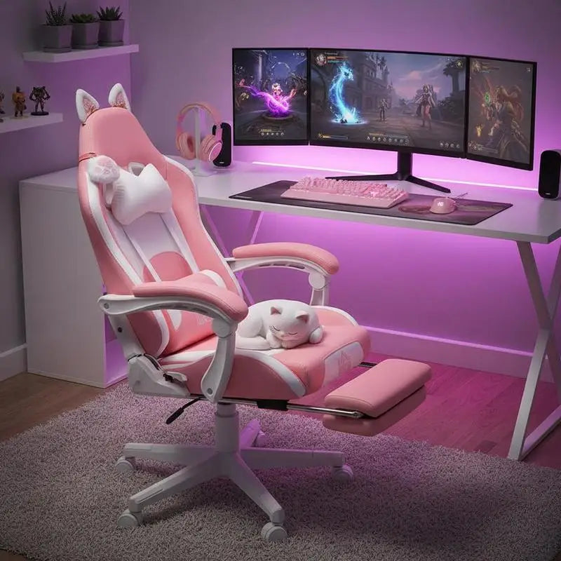 Gaming Chair Ergonomic Gamer Chair with Lumbar Support, Footrest, Gaming Chair with Cat Ears, Headrest, Height-Adjustable Office Chair with Adjustable Reclining Function Pink