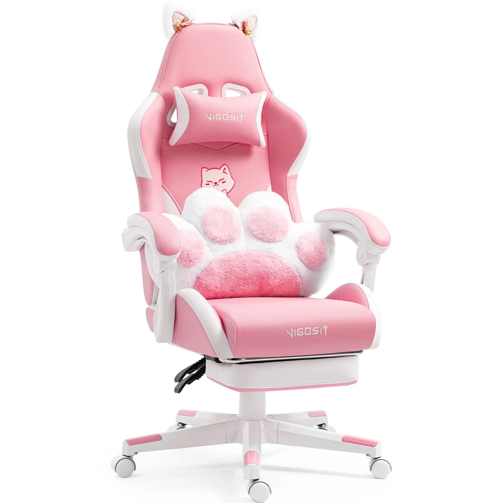 Gaming Chair Cute with Cat Ears and Massage Lumbar Support, Ergonomic Computer Chair for Girl with Footrest and Headrest, Comfortable Reclining Game Chair 290lbs for Adult, Teen