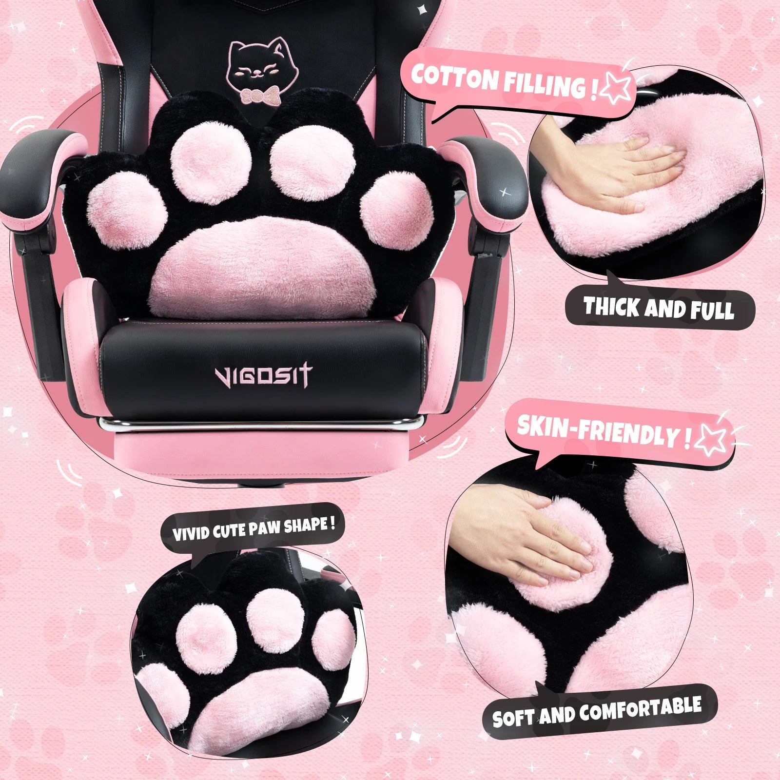 Gaming Chair Cute with Cat Ears and Massage Lumbar Support, Ergonomic Computer Chair for Girl with Footrest and Headrest, Comfortable Reclining Game Chair 290lbs for Adult, Teen